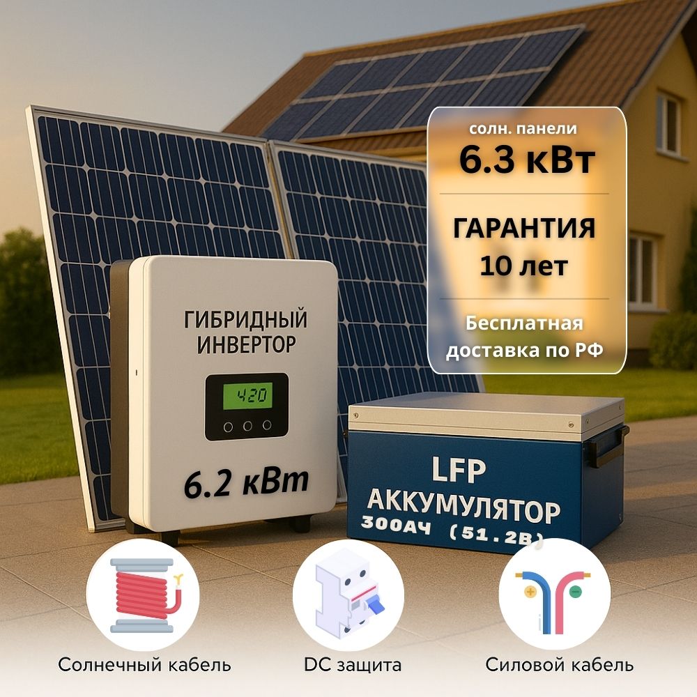 Солнечная электростания для дома 6.2квт-6300Вт-300Ач-51.2В Солнечная электростания для дома 6.2квт-6300Вт-300Ач-51.2В